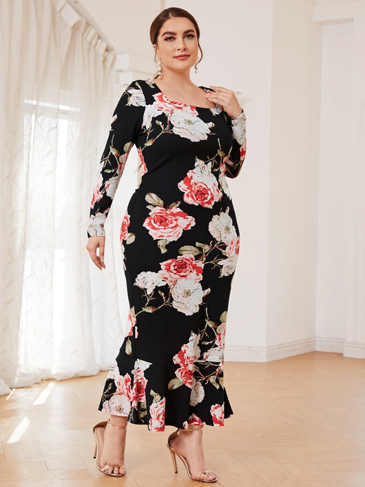 Plus Floral Print Ruffle Hem Dress