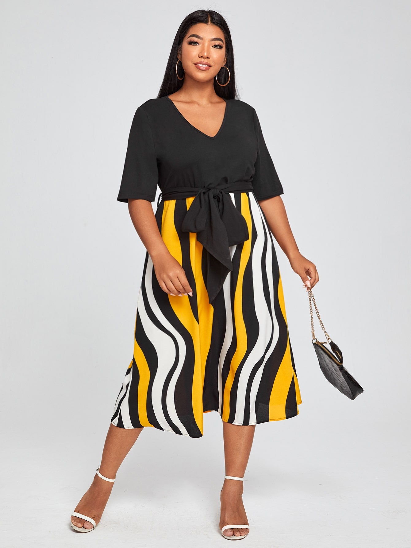 Plus Striped Self Tie A line Dress