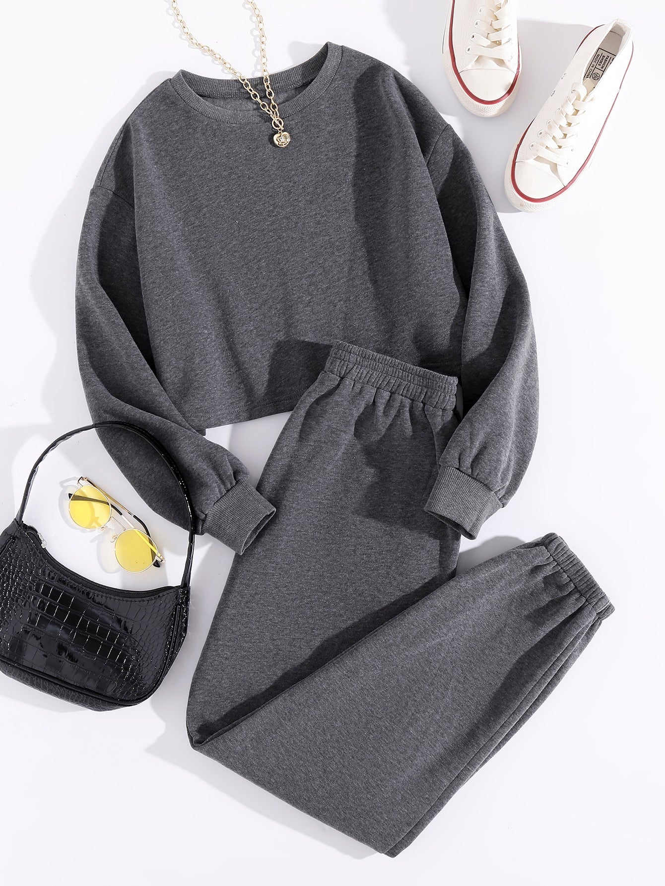 Thermal Lined Solid Sweatshirt With Sweatpants