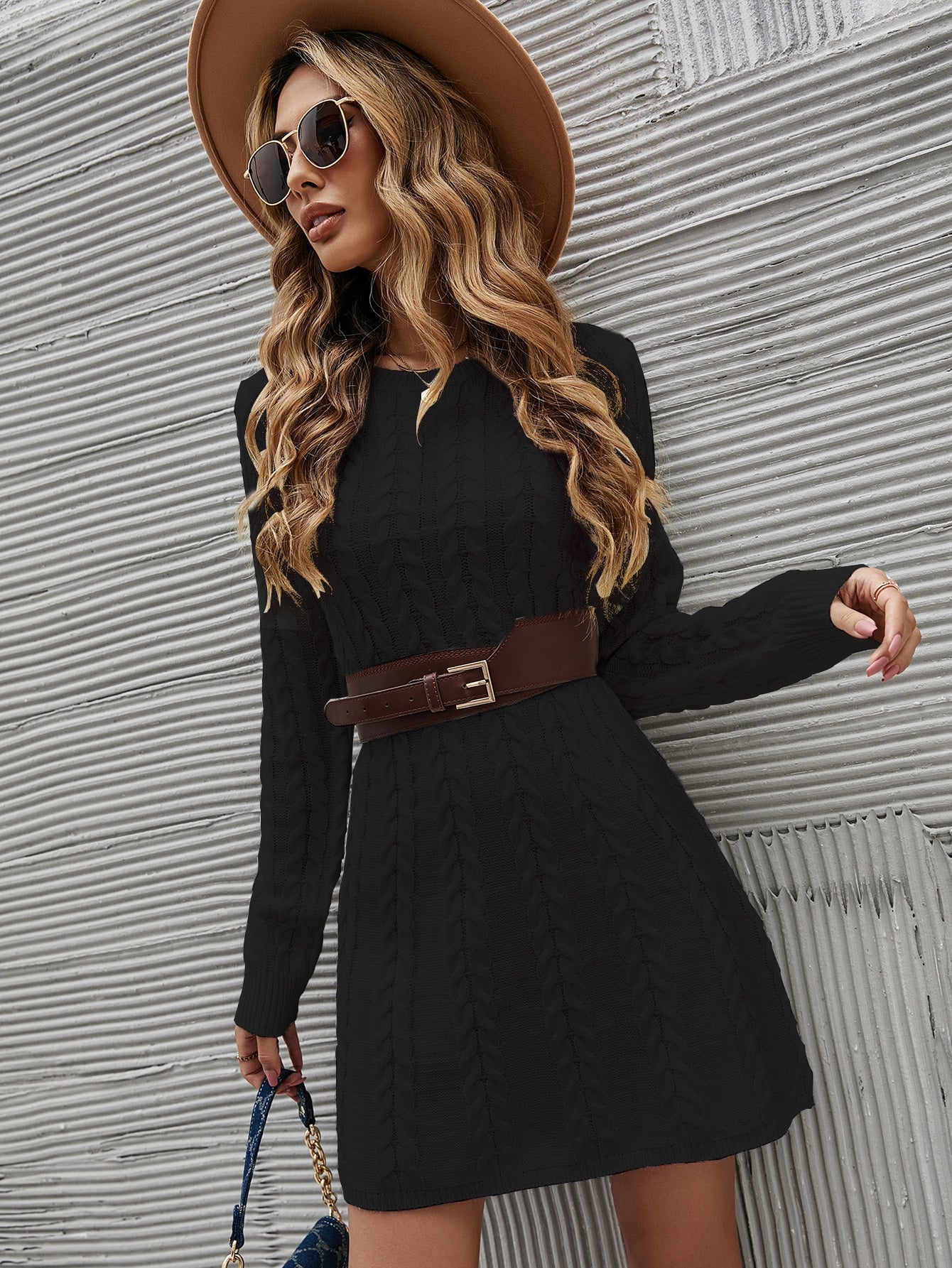 Cable Knit Sweater Dress Without Belt