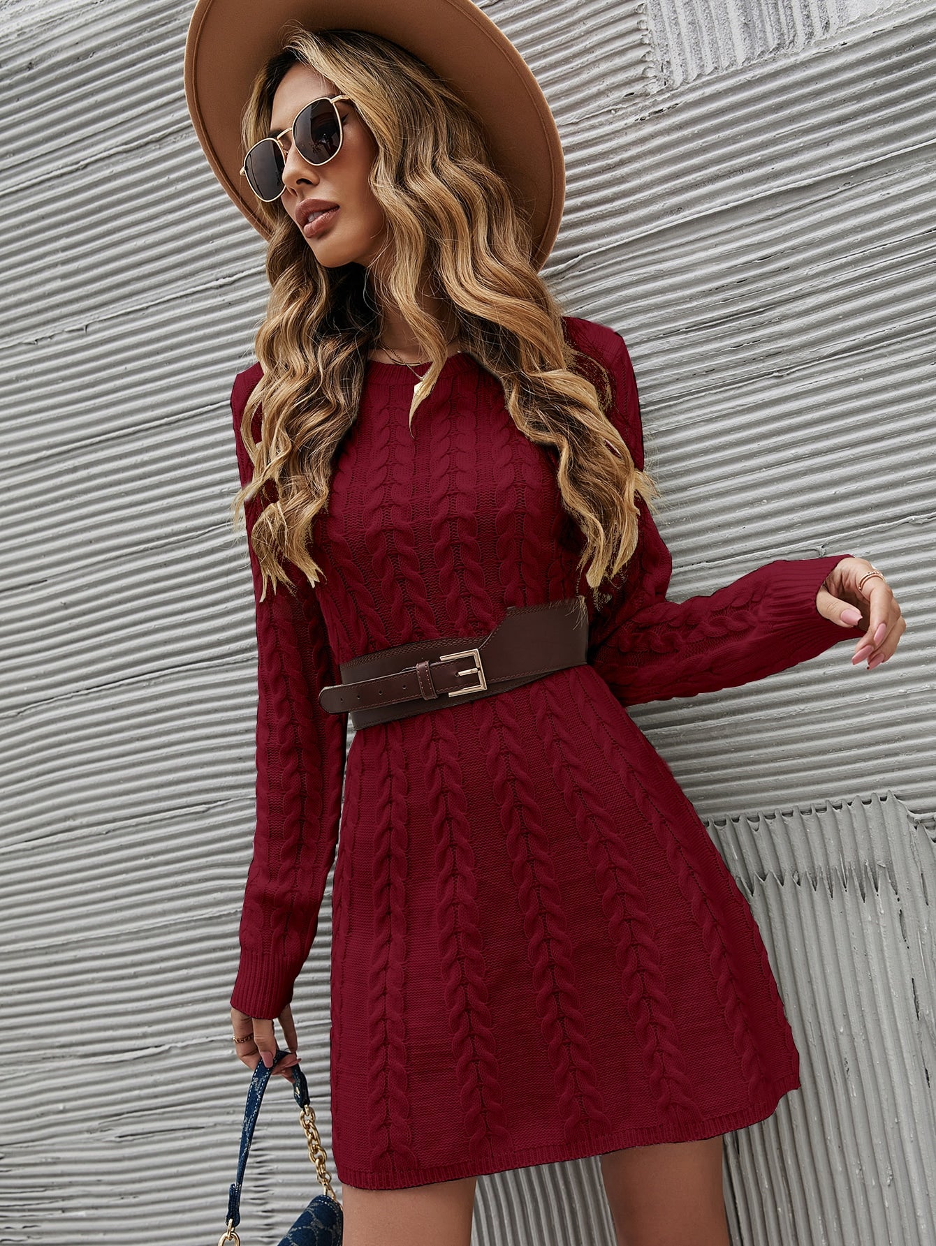 Cable Knit Sweater Dress Without Belt