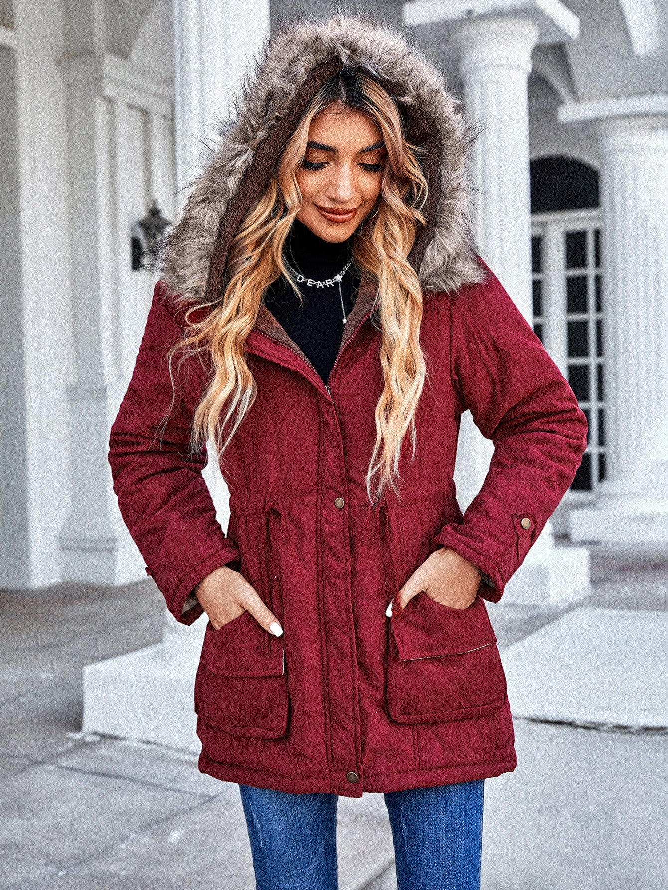 Fuzzy Trim Hooded Drawstring Waist Teddy Lined Parka Coat