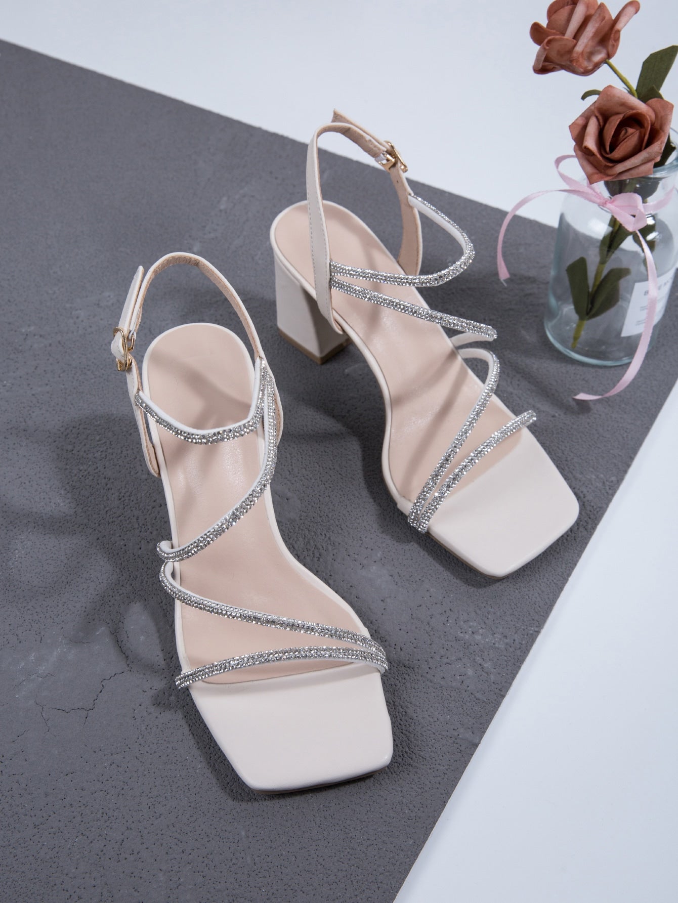 Rhinestone Buckle Decor Ankle Strap Chunky Sandals