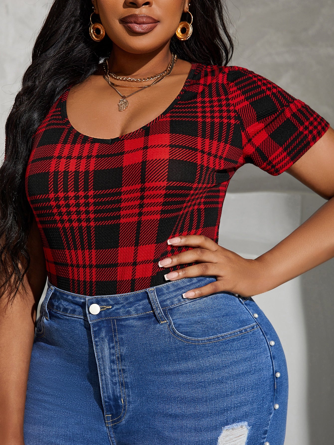 SXY Plus Plaid Print Tee Bodysuit