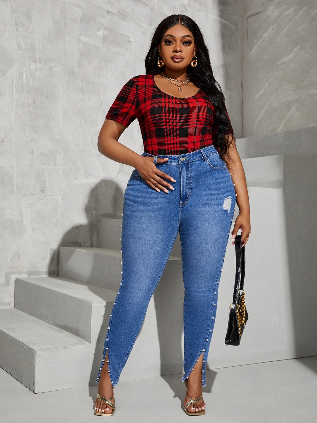 SXY Plus Plaid Print Tee Bodysuit