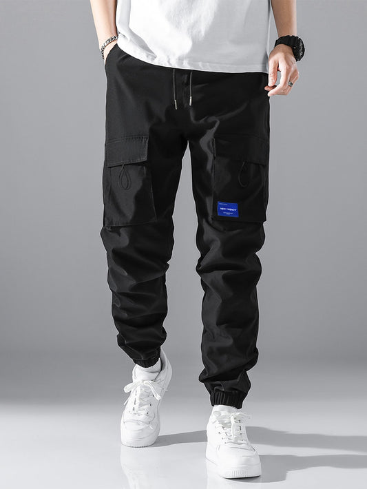 Men Letter Patched Detail Flap Pocket Drawstring Waist Cargo Pants