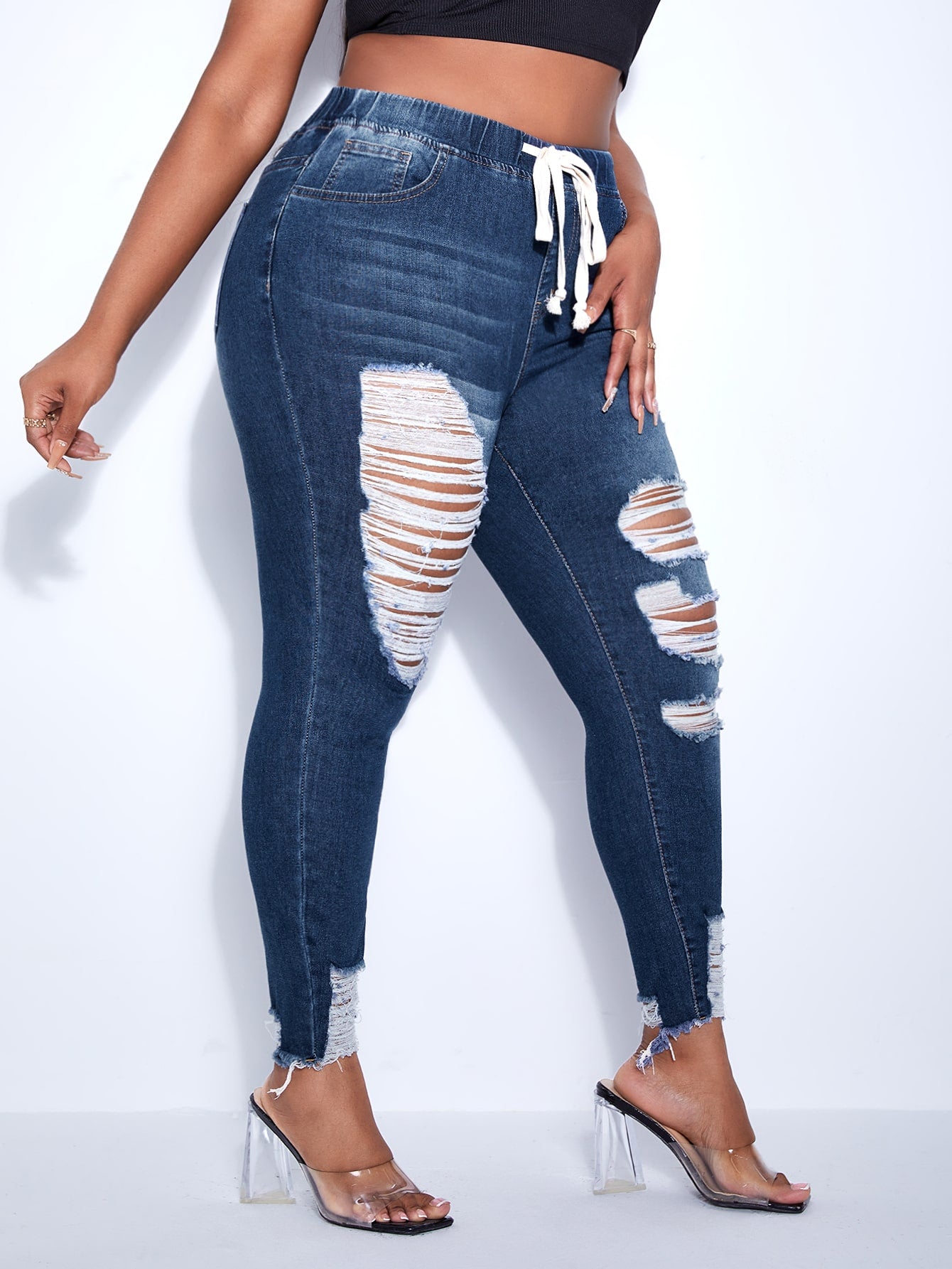 SXY Plus Drawstring Waist Ripped Frayed Hem Skinny Jeans