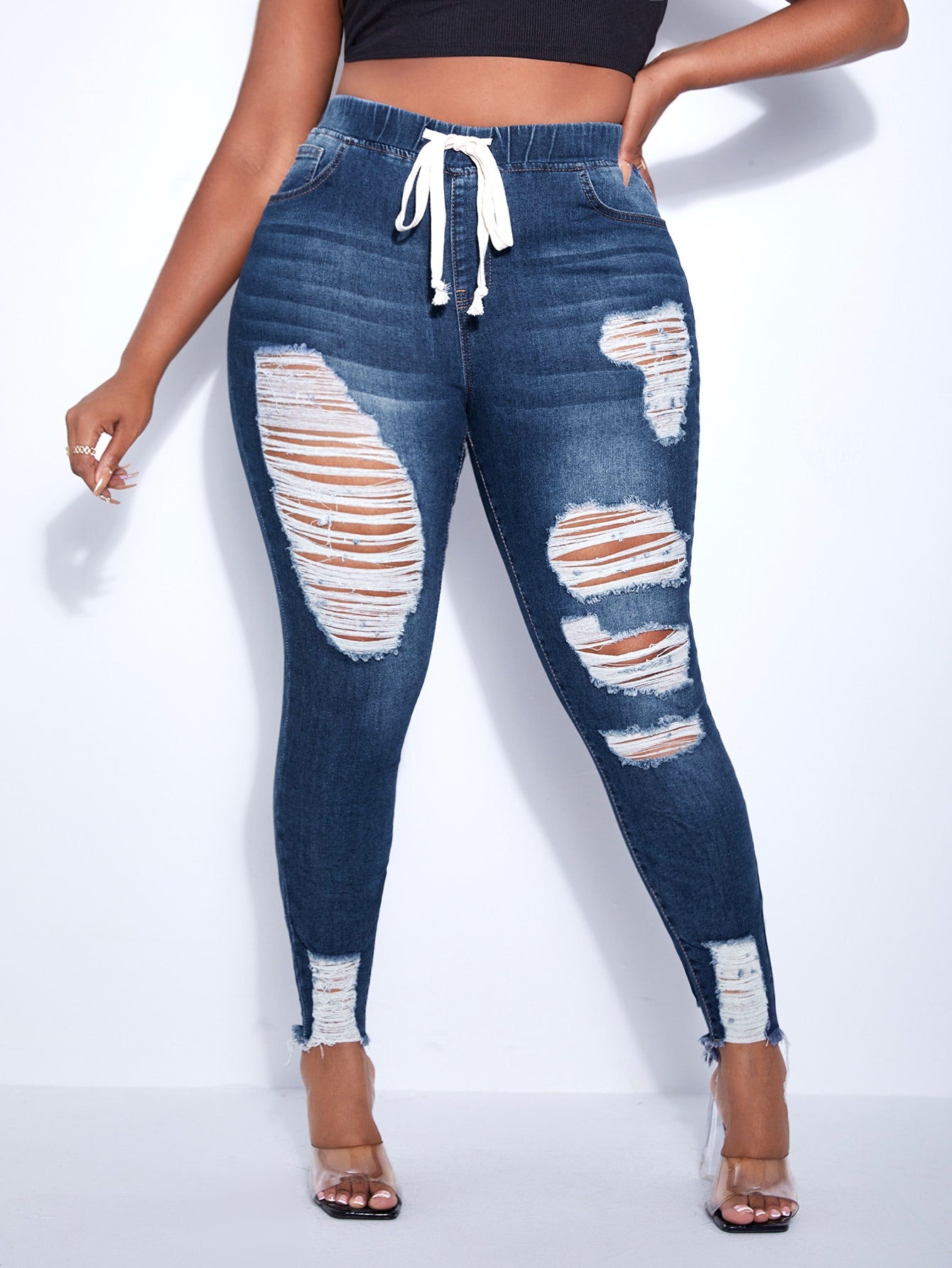 SXY Plus Drawstring Waist Ripped Frayed Hem Skinny Jeans