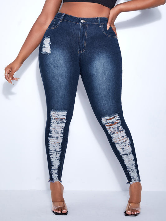 Plus High Waist Ripped Frayed Hem Skinny Jeans