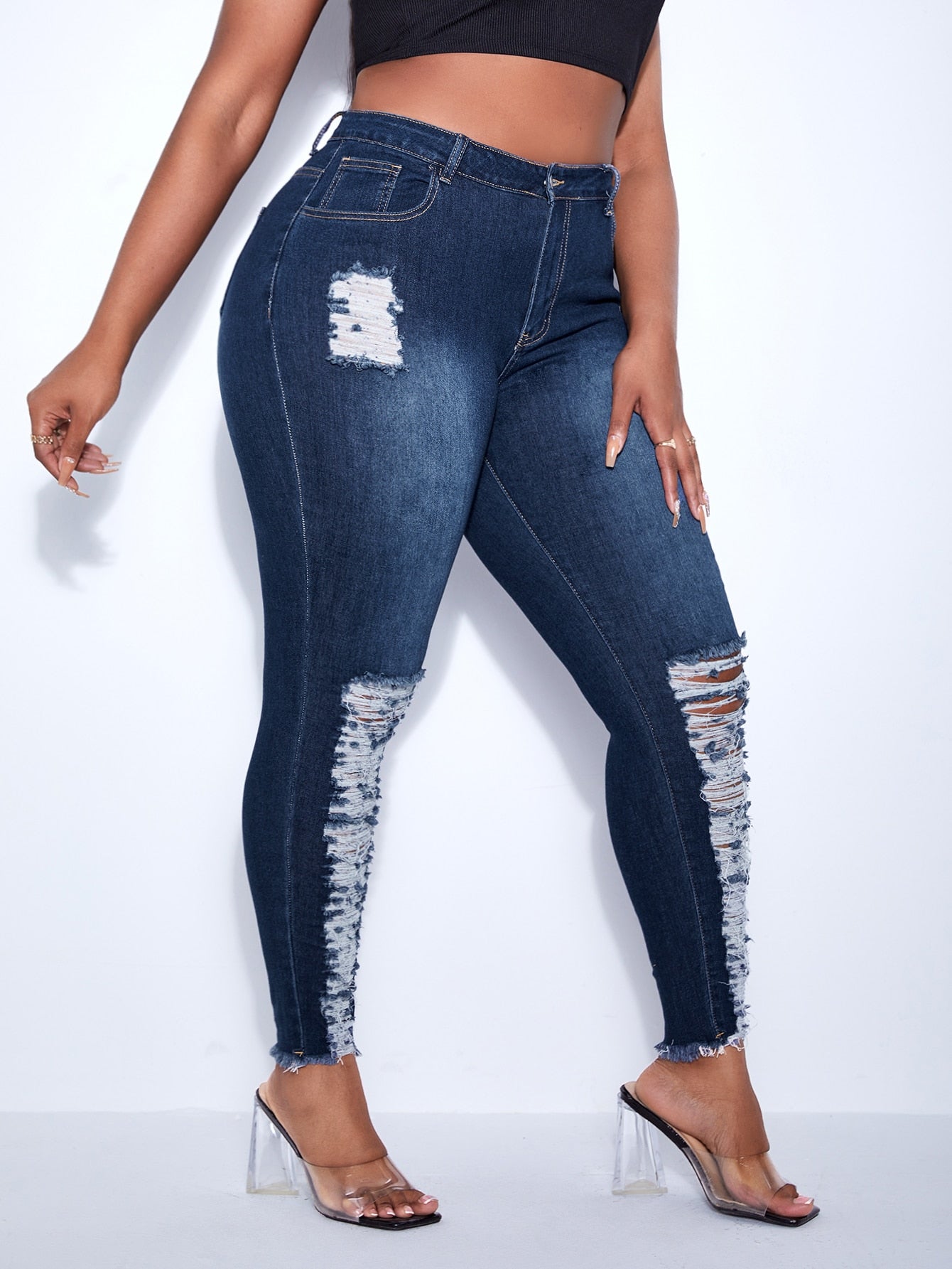 Plus High Waist Ripped Frayed Hem Skinny Jeans