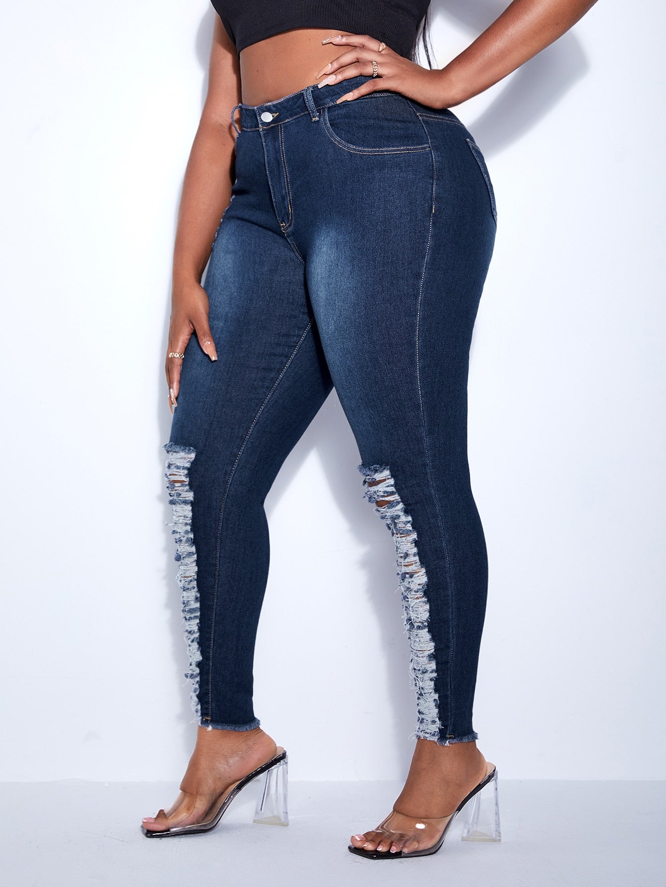 Plus High Waist Ripped Frayed Hem Skinny Jeans