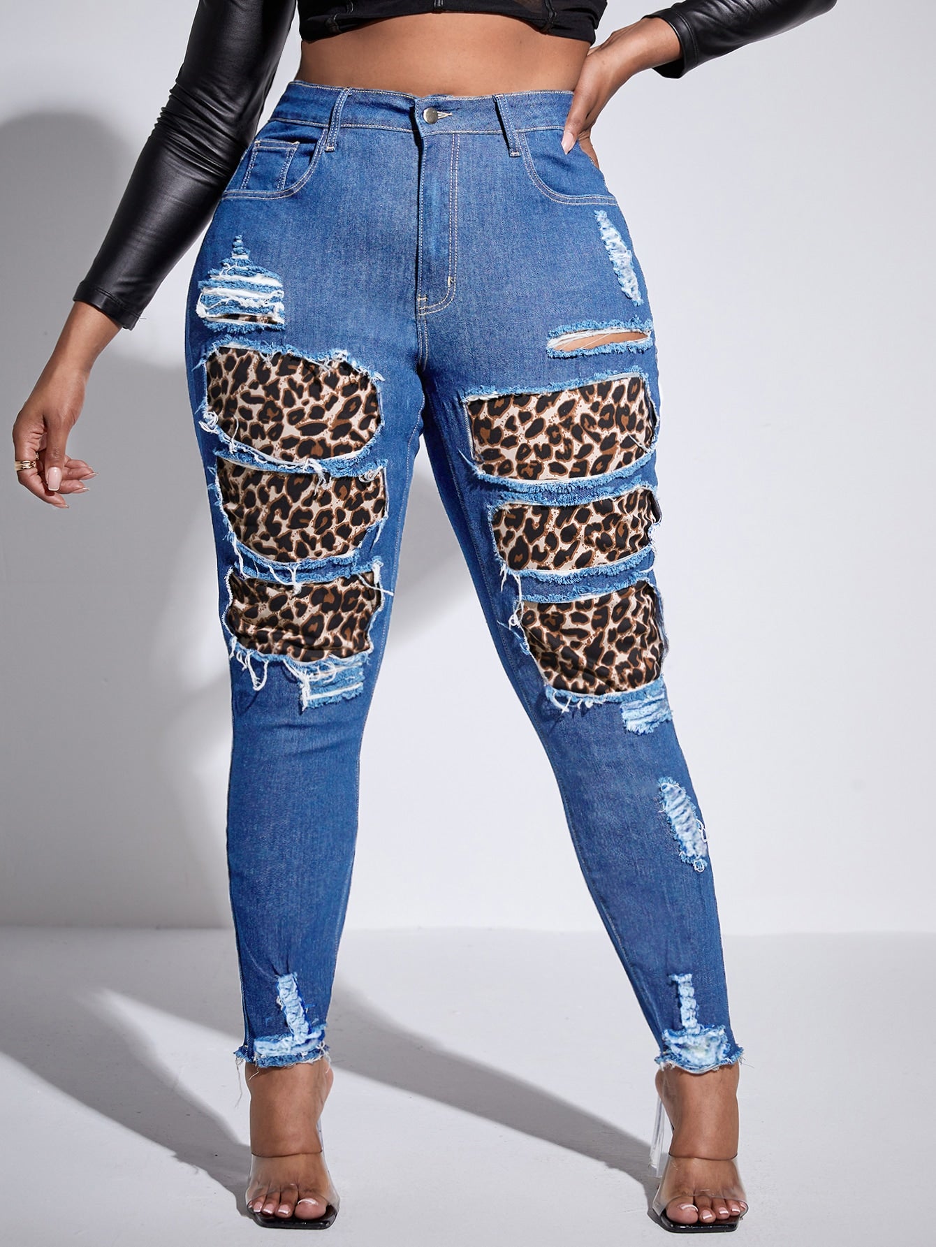 SXY Plus High Waist Leopard Rag Stitching Ripped Frayed Hem Skinny Jeans