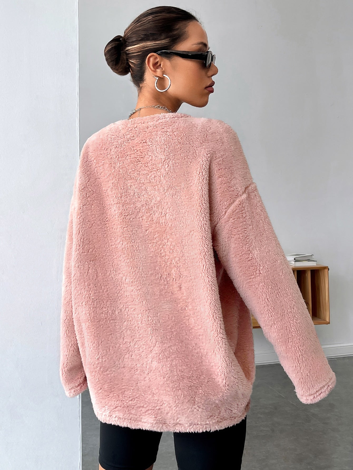 Letter Patched Drop Shoulder Teddy Sweatshirt