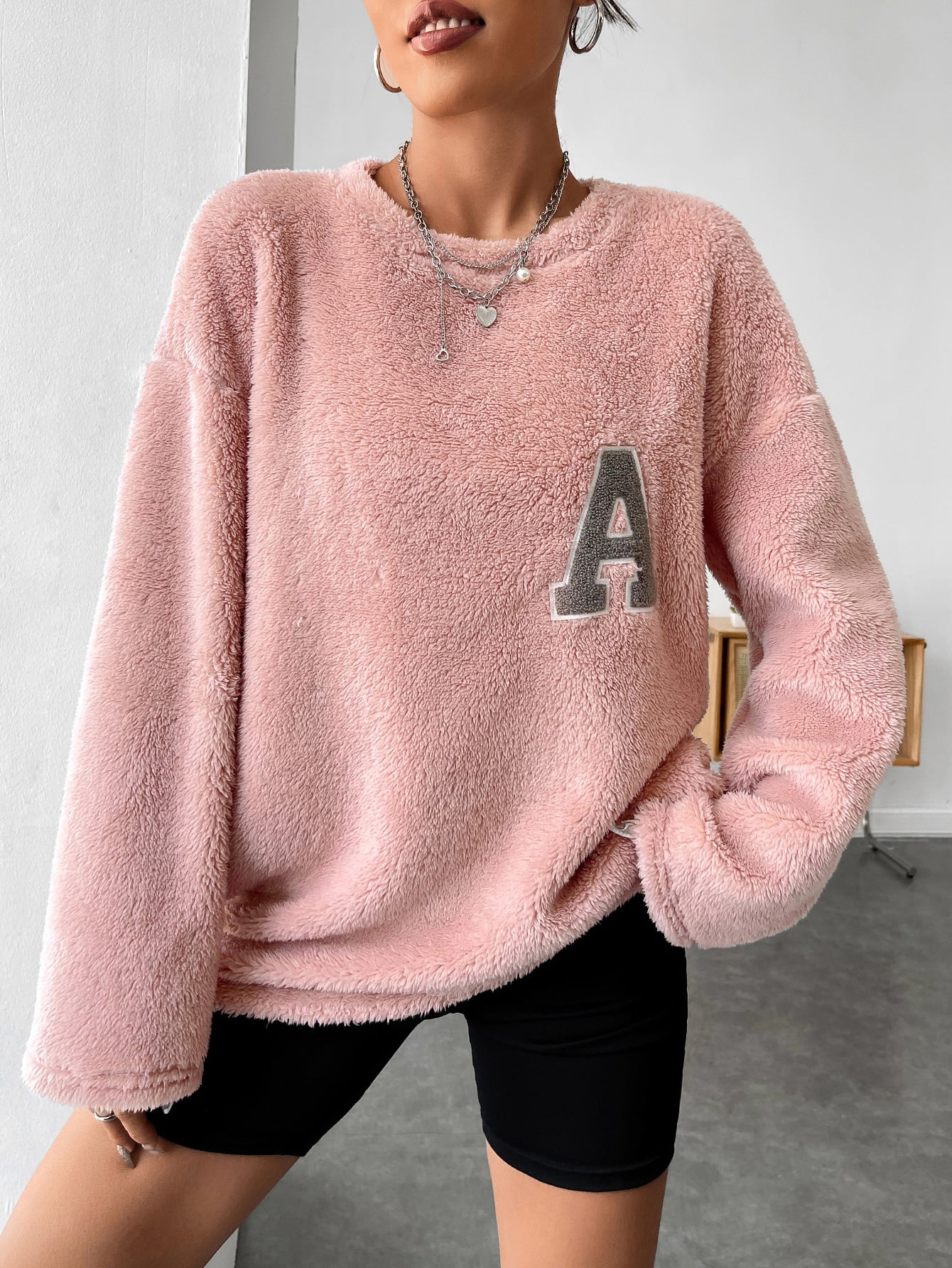 Letter Patched Drop Shoulder Teddy Sweatshirt