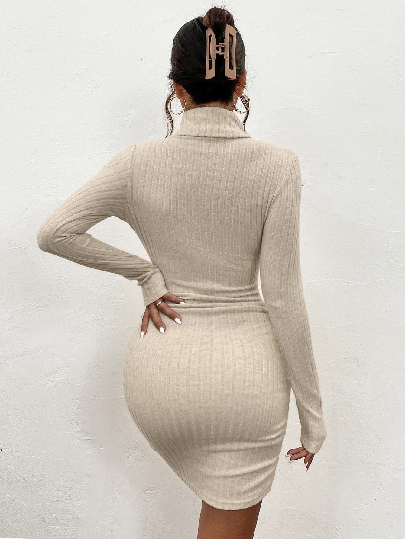 Turtle Neck Ribbed Knit Bodycon Dress