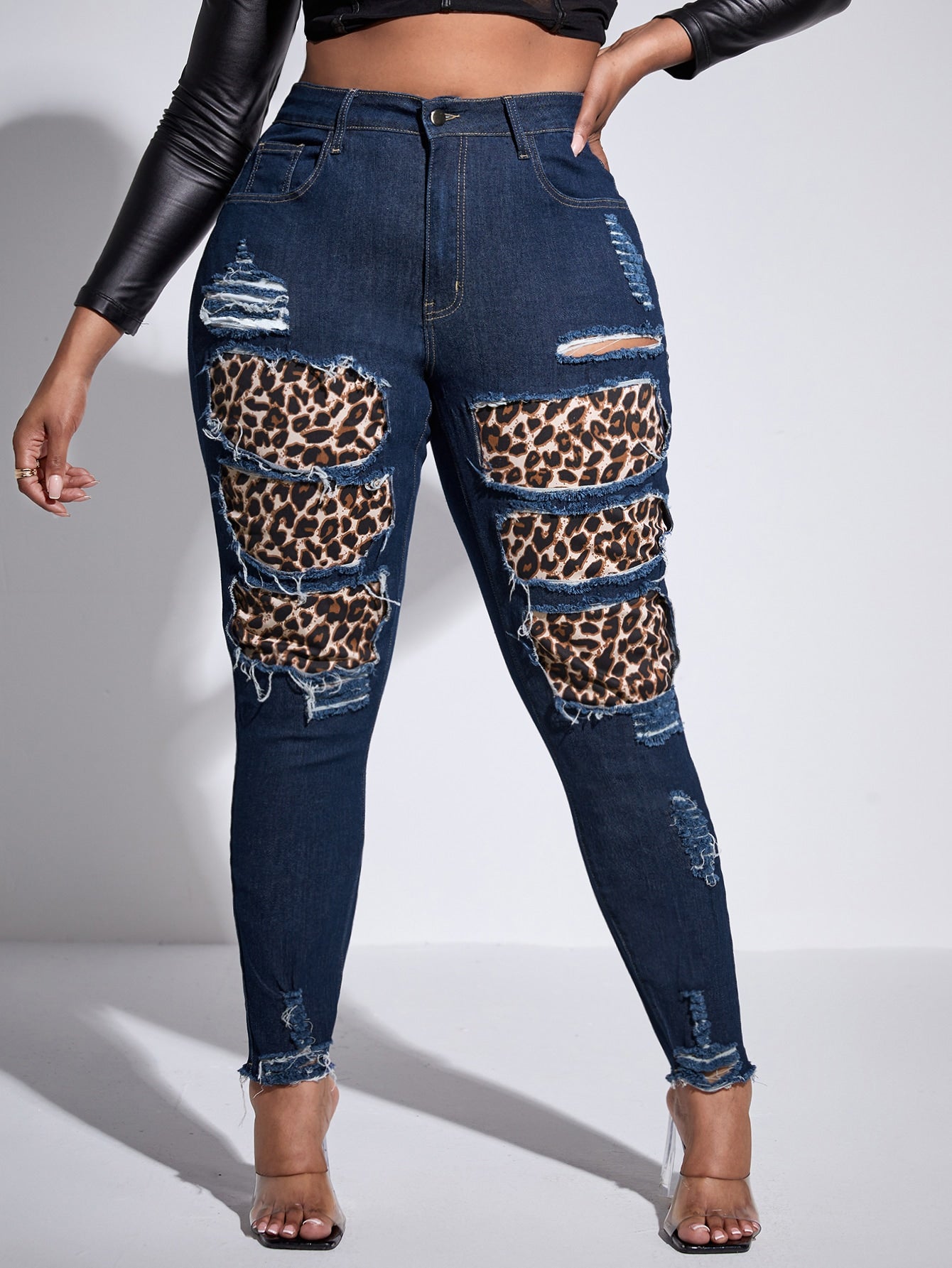 SXY Plus High Waist Leopard Rag Stitching Ripped Frayed Hem Skinny Jeans