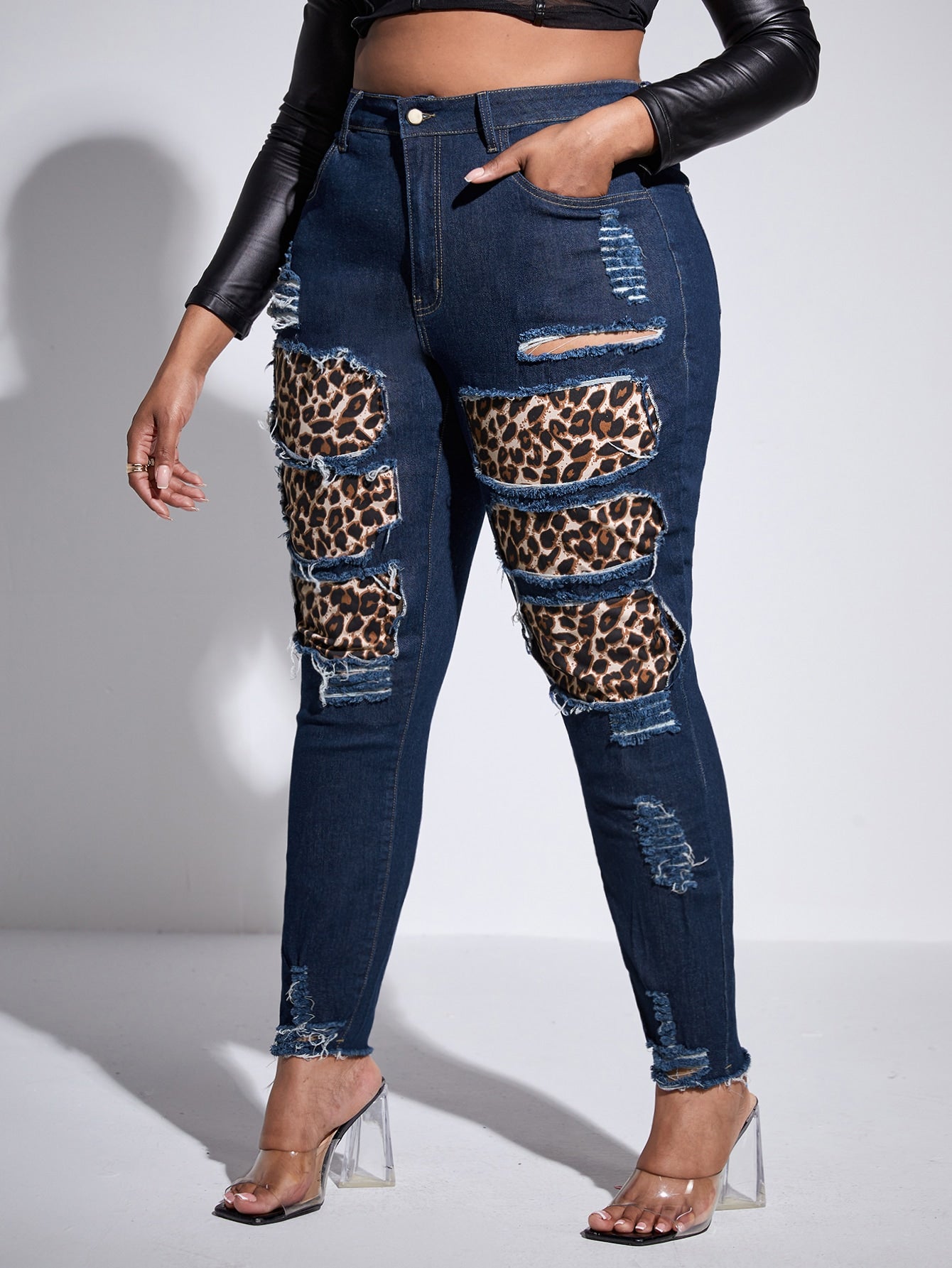 SXY Plus High Waist Leopard Rag Stitching Ripped Frayed Hem Skinny Jeans