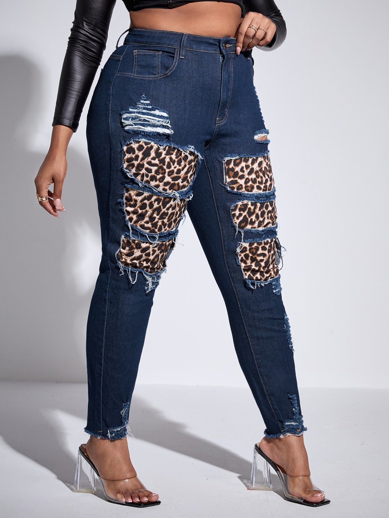 SXY Plus High Waist Leopard Rag Stitching Ripped Frayed Hem Skinny Jeans