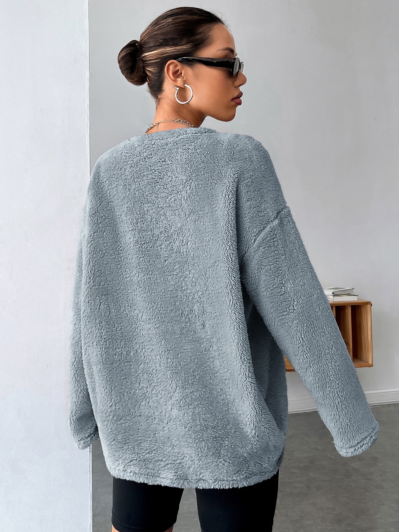 Letter Patched Drop Shoulder Teddy Sweatshirt