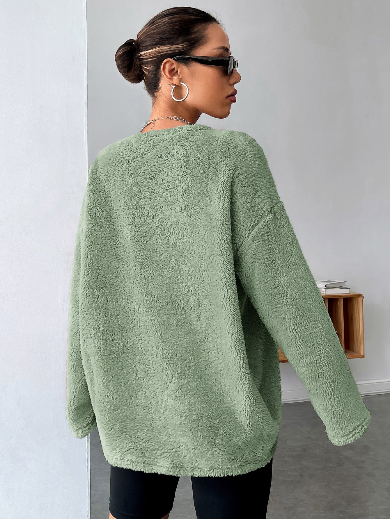 Letter Patched Drop Shoulder Teddy Sweatshirt