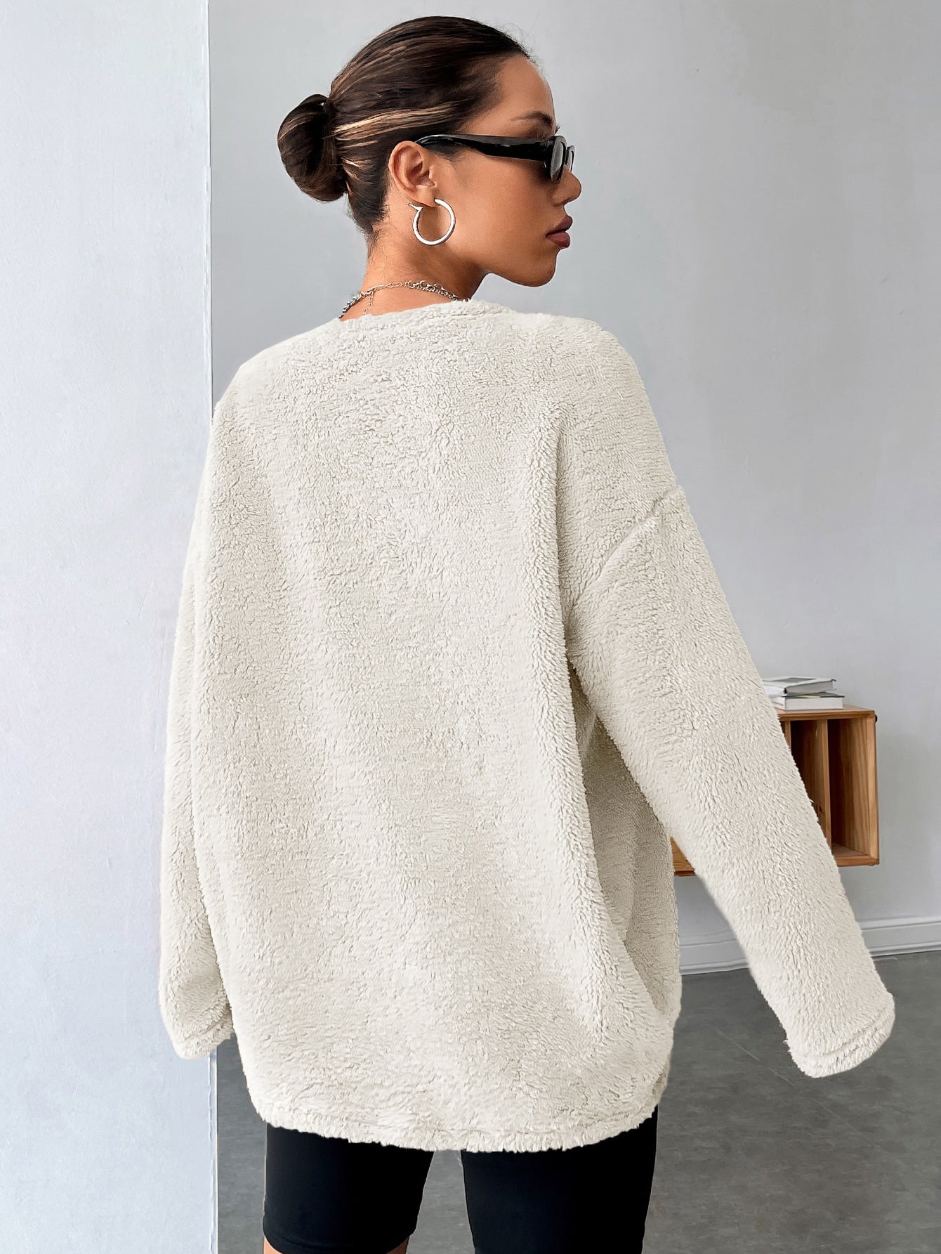 Letter Patched Drop Shoulder Teddy Sweatshirt