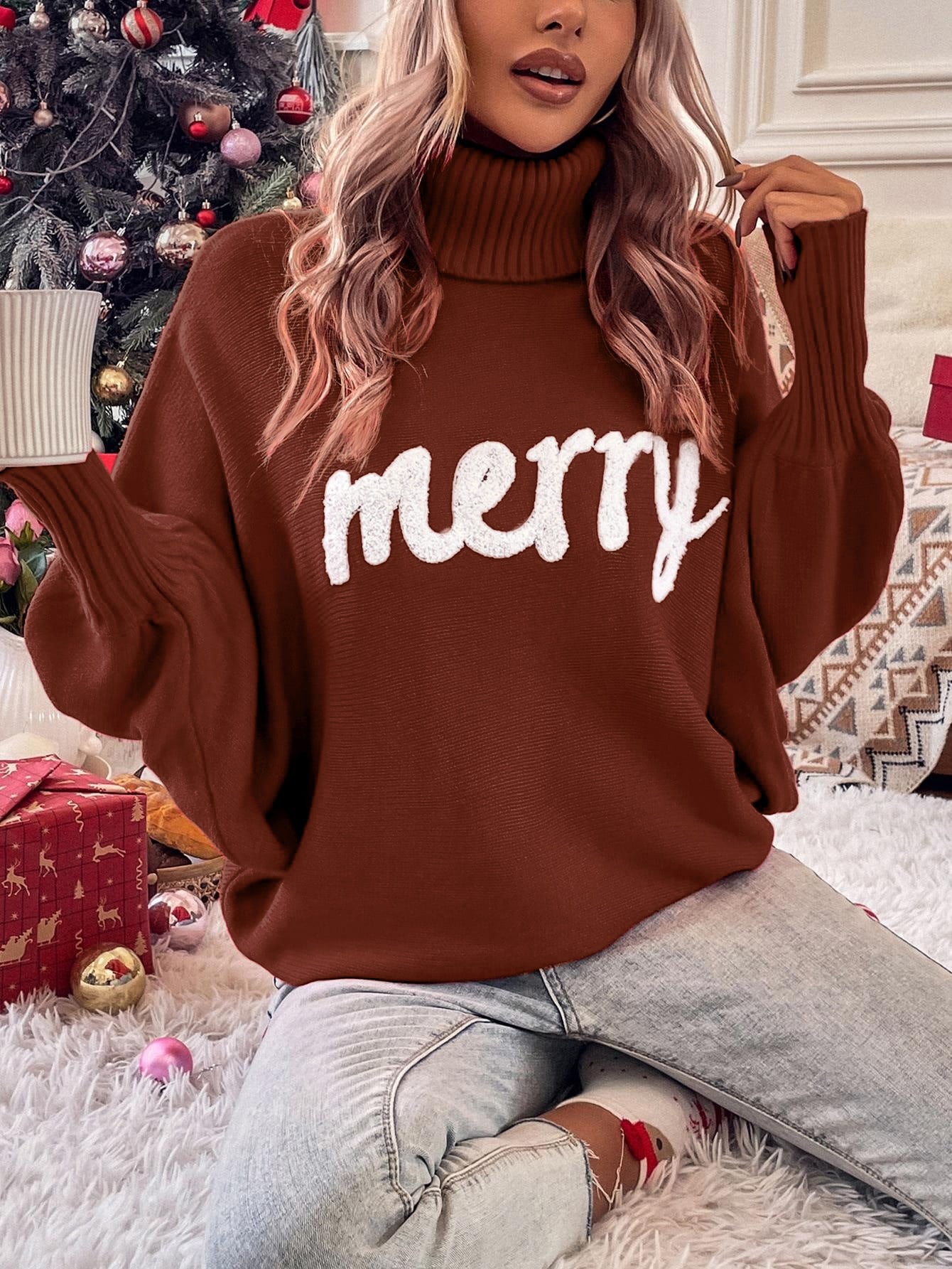 Letter Pattern Turtleneck Dolman Sleeve Sweater