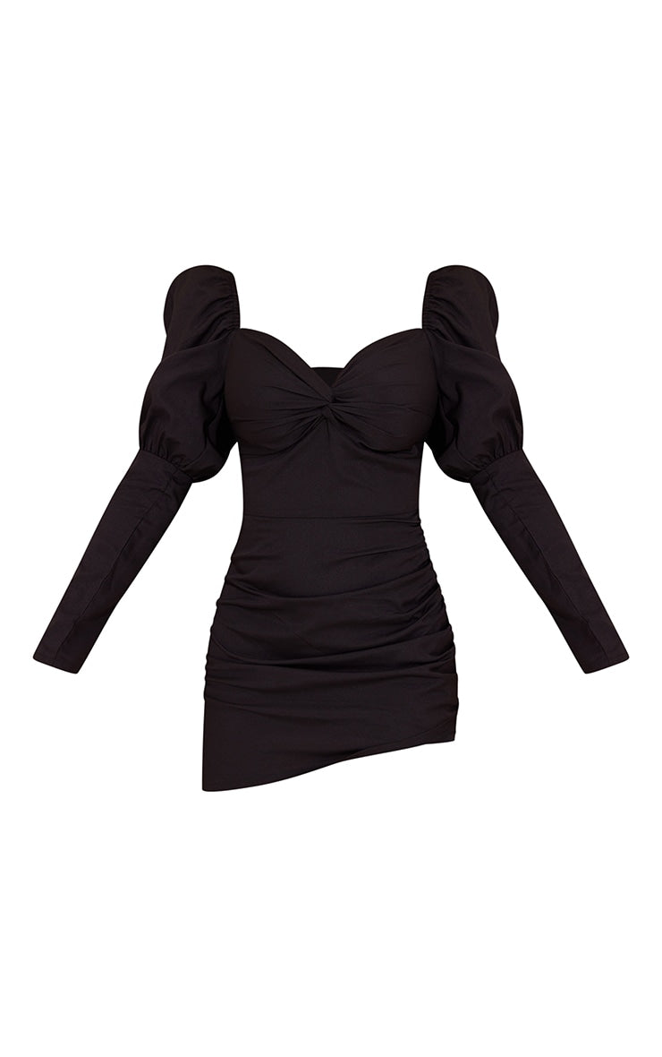 Black Puff Sleeve Twist Detail Bodycon Dress