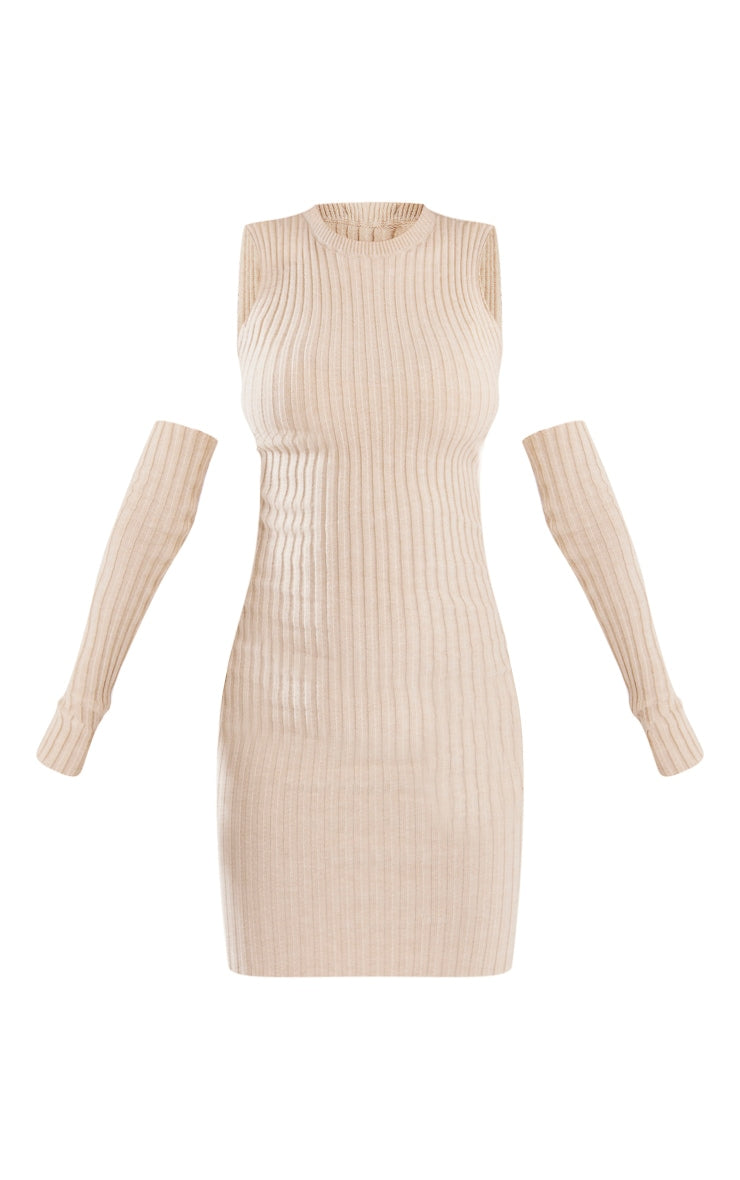 Oatmeal Soft Rib Knit Midi Dress With Sleeves